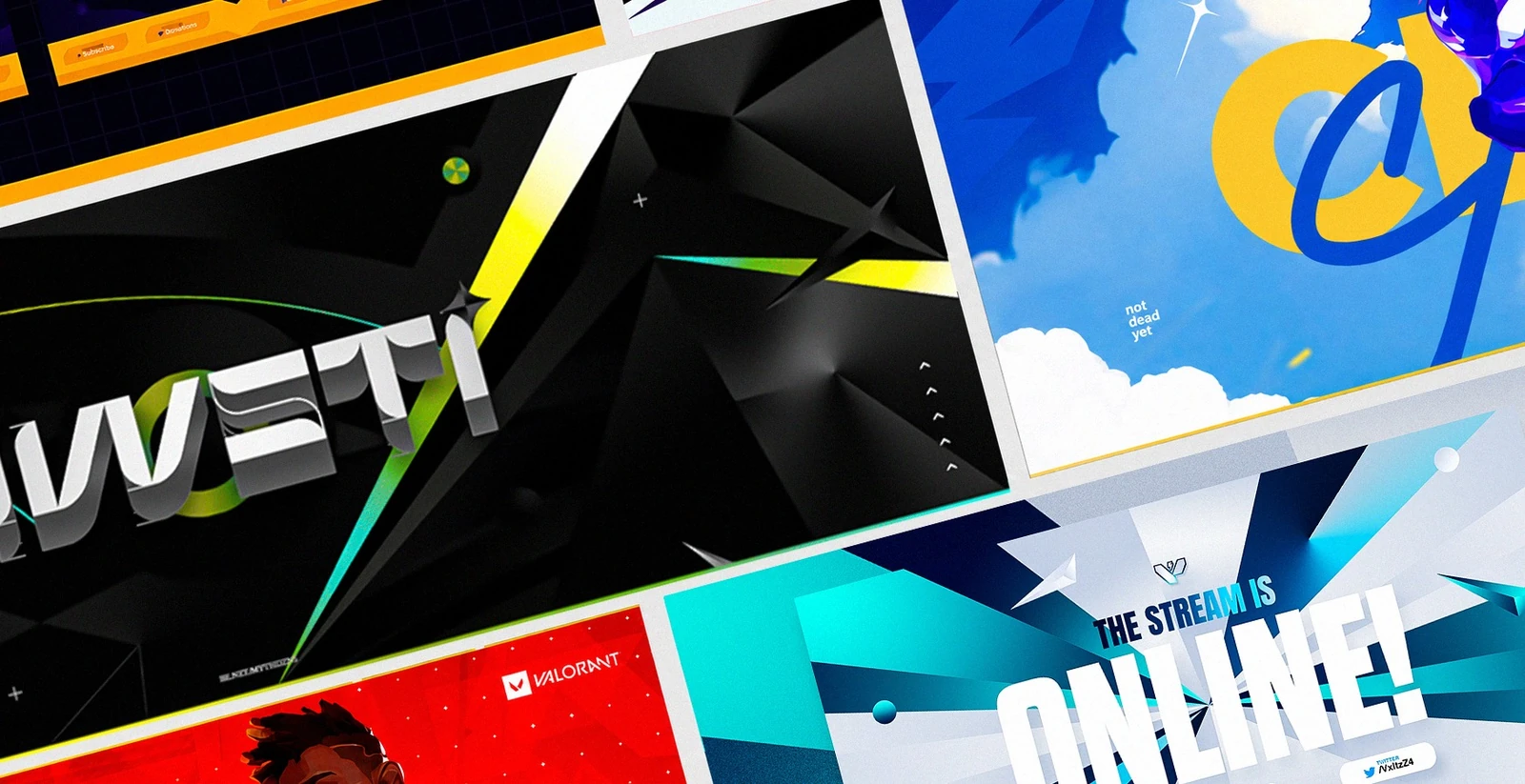 A collage of social media graphics, esports visuals, and stream announcements