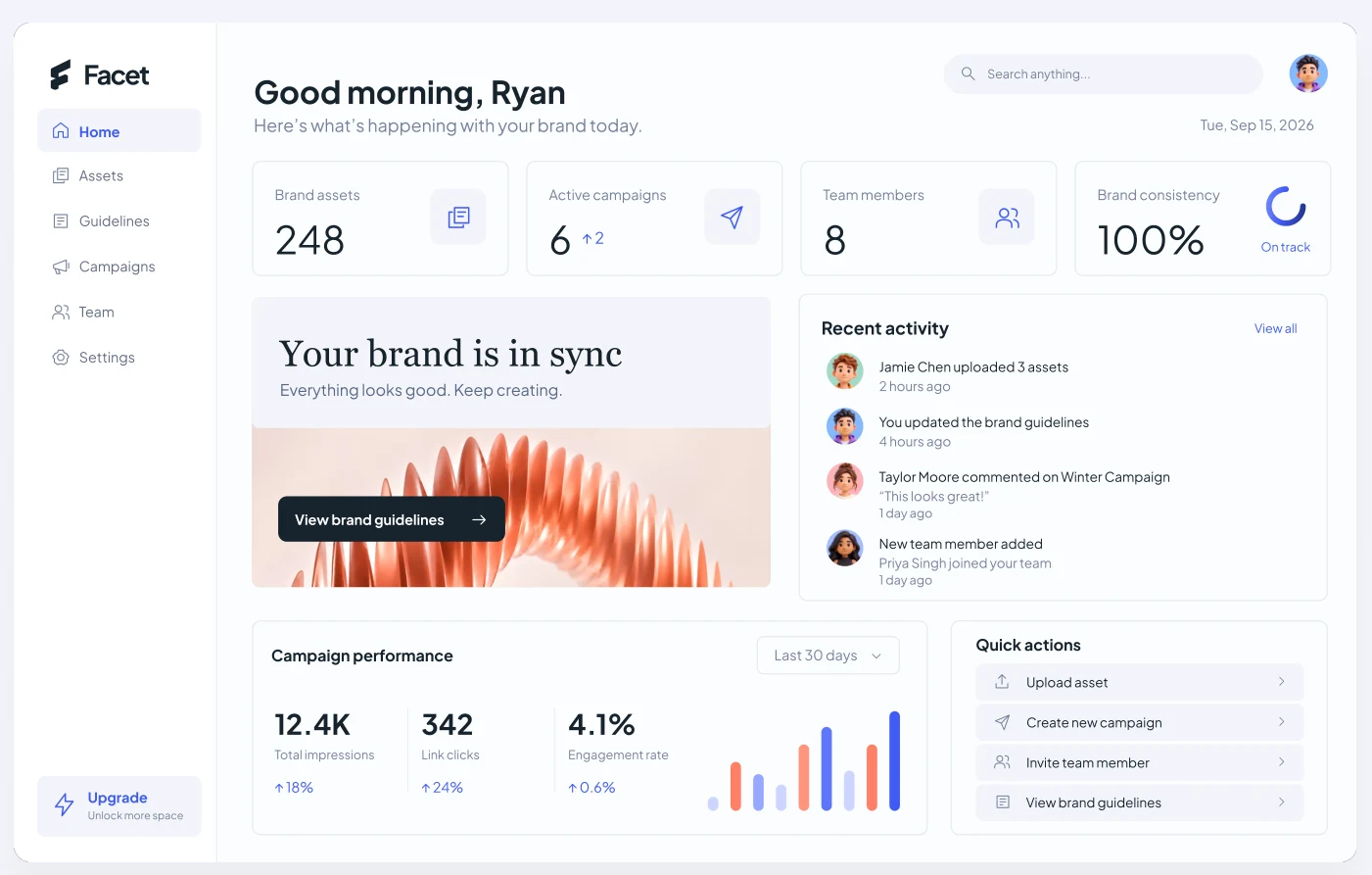 Facet dashboard with brand assets, team activity, and quick actions